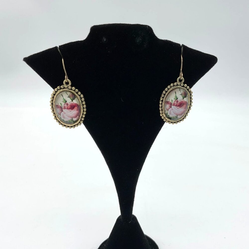 Erica Lyons Rose Florals Beaded Domed Photo Frame Gold Tone Dangle Earrings